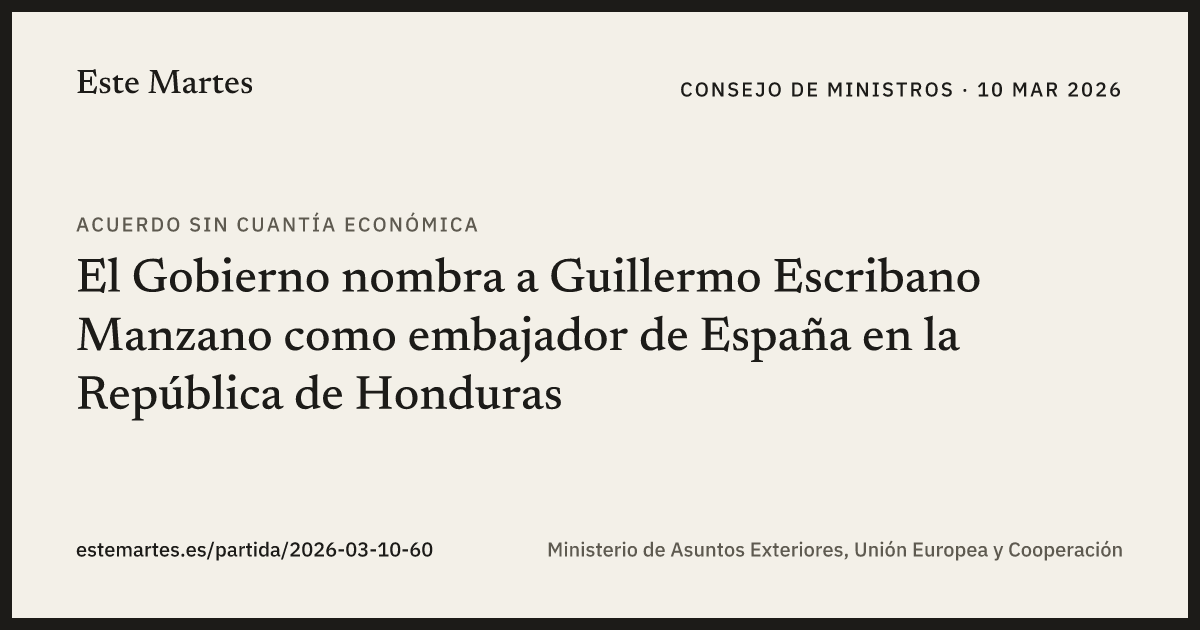 Tarjeta: El Gobierno nombra a Guillermo Escribano Manzano como embajador de España en la República de Honduras