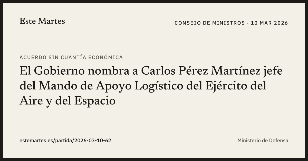 Tarjeta: El Gobierno nombra a Carlos Pérez Martínez jefe del Mando de Apoyo Logístico del Ejército del Aire y del Espacio