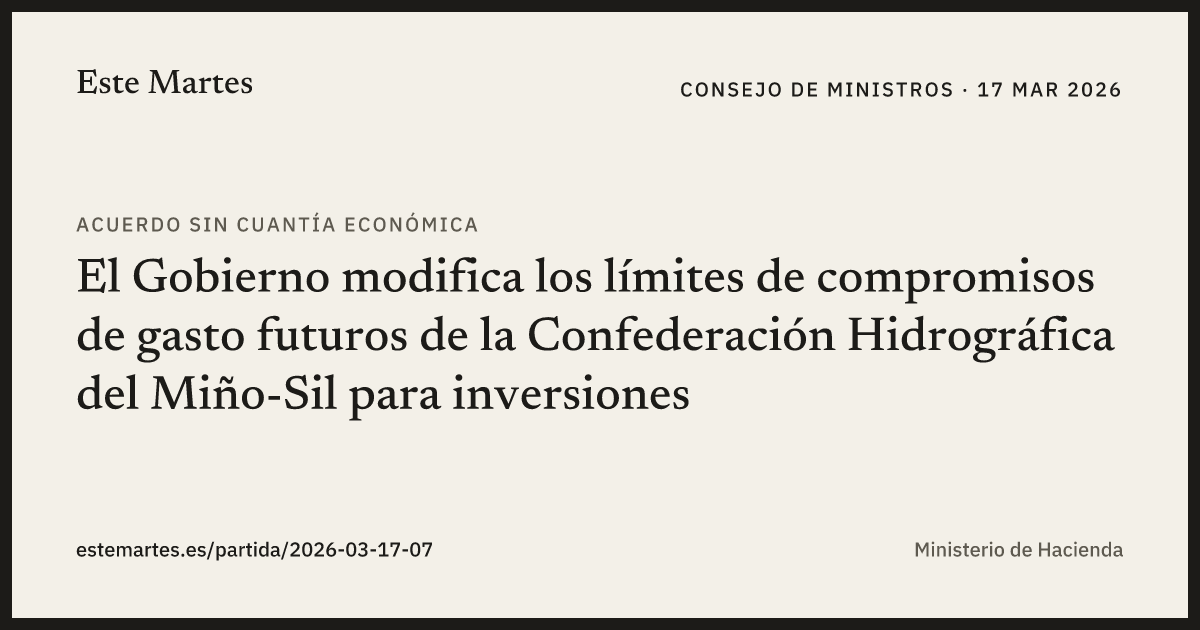 Tarjeta: El Gobierno modifica los límites de compromisos de gasto futuros de la Confederación Hidrográfica del Miño-Sil para inversiones