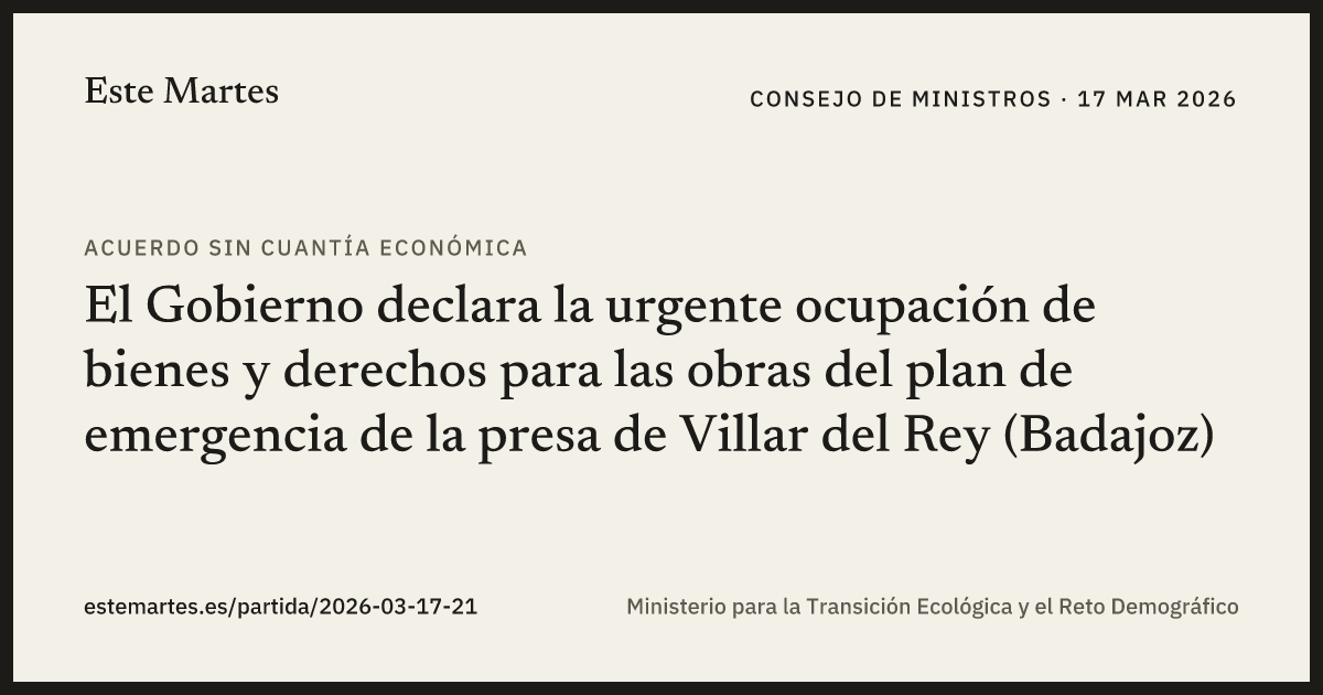 Tarjeta: El Gobierno declara la urgente ocupación de bienes y derechos para las obras del plan de emergencia de la presa de Villar del Rey (Badajoz)