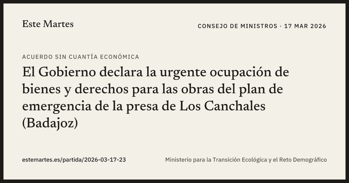 Tarjeta: El Gobierno declara la urgente ocupación de bienes y derechos para las obras del plan de emergencia de la presa de Los Canchales (Badajoz)