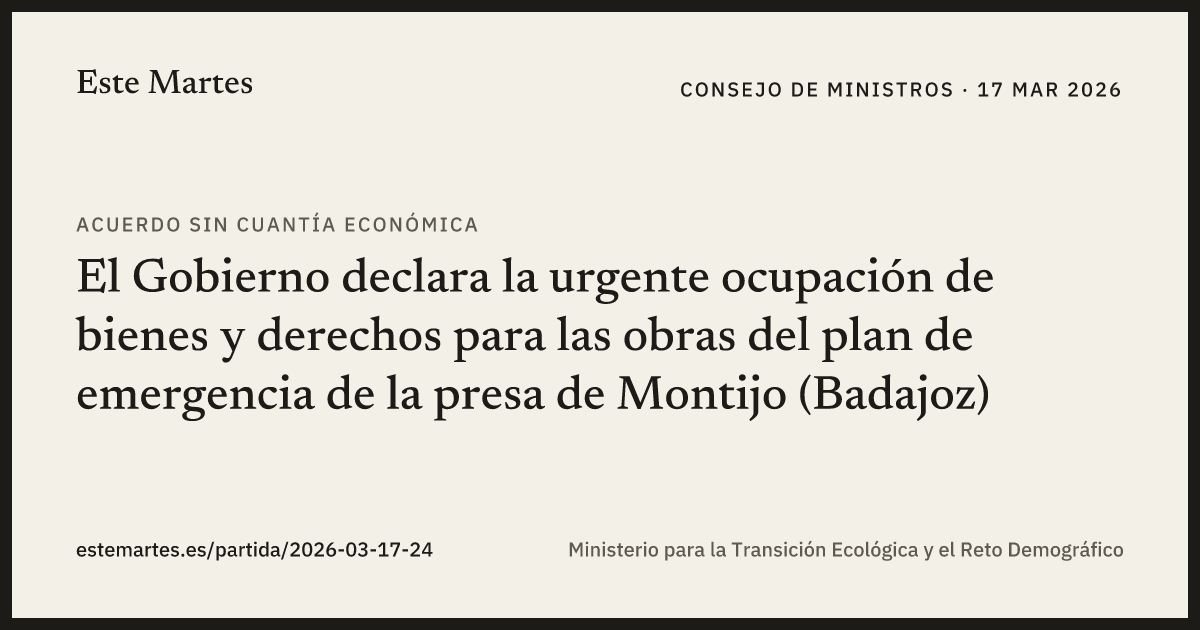 Tarjeta: El Gobierno declara la urgente ocupación de bienes y derechos para las obras del plan de emergencia de la presa de Montijo (Badajoz)
