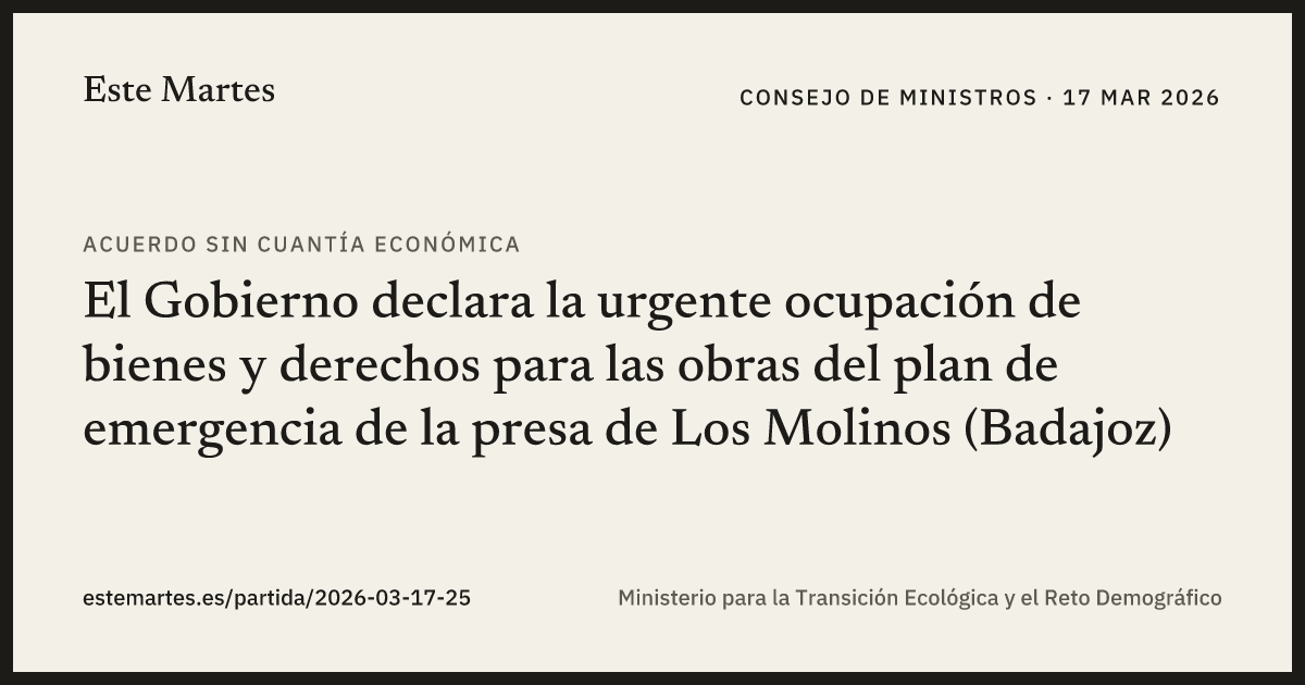 Tarjeta: El Gobierno declara la urgente ocupación de bienes y derechos para las obras del plan de emergencia de la presa de Los Molinos (Badajoz)