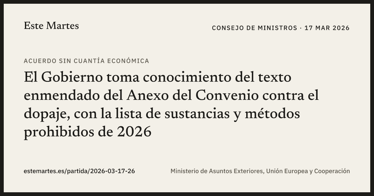 Tarjeta: El Gobierno toma conocimiento del texto enmendado del Anexo del Convenio contra el dopaje, con la lista de sustancias y métodos prohibidos de 2026
