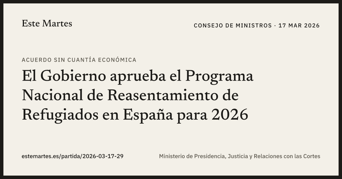 Tarjeta: El Gobierno aprueba el Programa Nacional de Reasentamiento de Refugiados en España para 2026