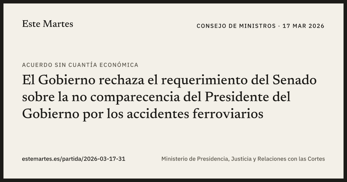 Tarjeta: El Gobierno rechaza el requerimiento del Senado sobre la no comparecencia del Presidente del Gobierno por los accidentes ferroviarios