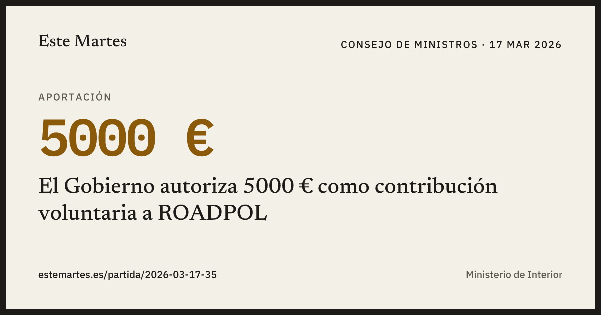 Tarjeta: El Gobierno autoriza 5000 € como contribución voluntaria a ROADPOL
