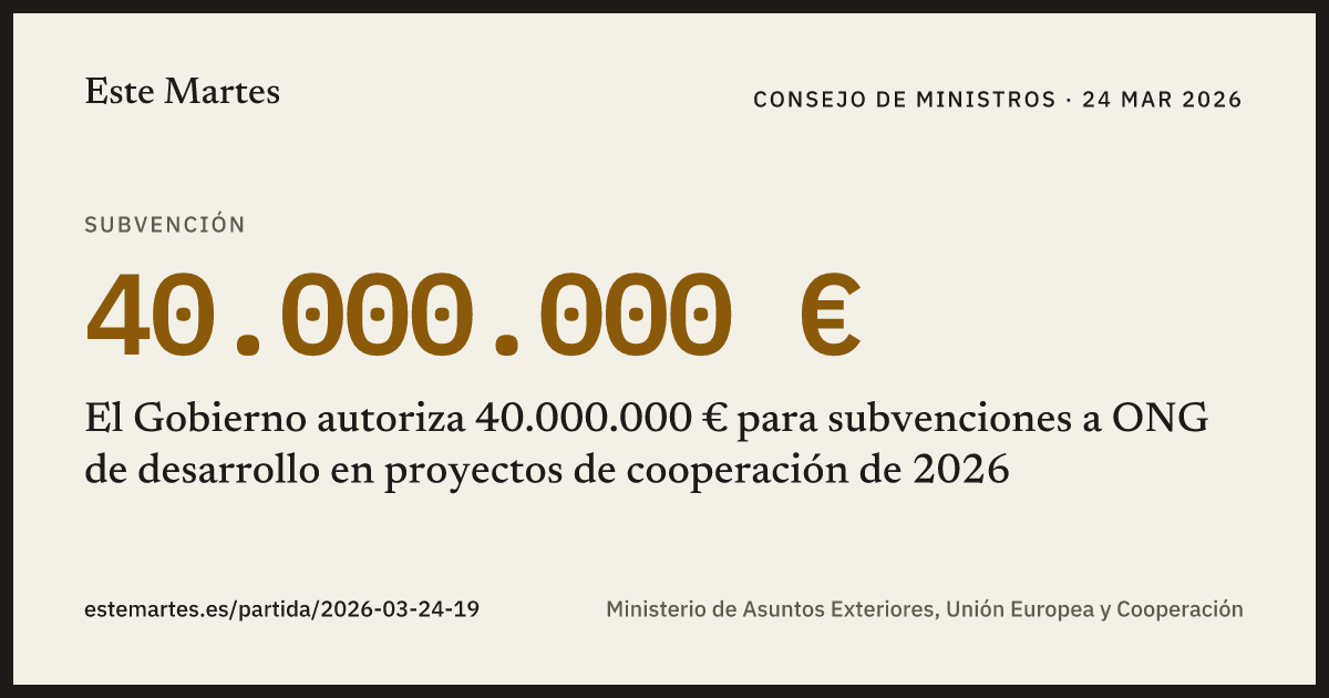 Tarjeta: El Gobierno autoriza 40.000.000 € para subvenciones a ONG de desarrollo en proyectos de cooperación de 2026