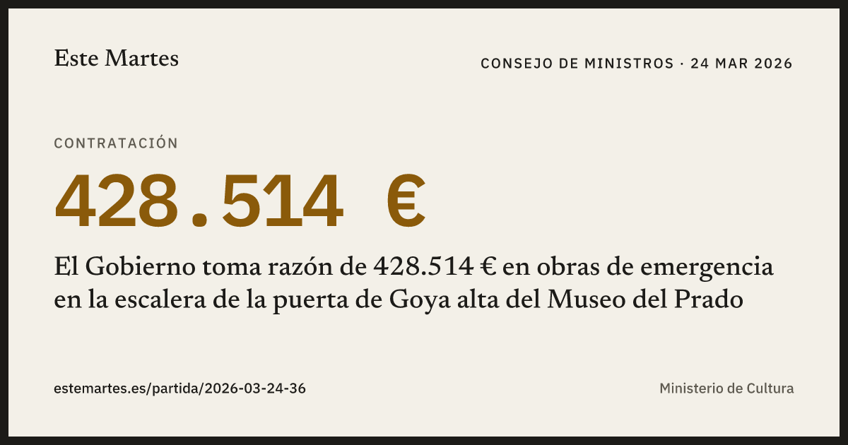 Tarjeta: El Gobierno toma razón de 428.514 € en obras de emergencia en la escalera de la puerta de Goya alta del Museo del Prado