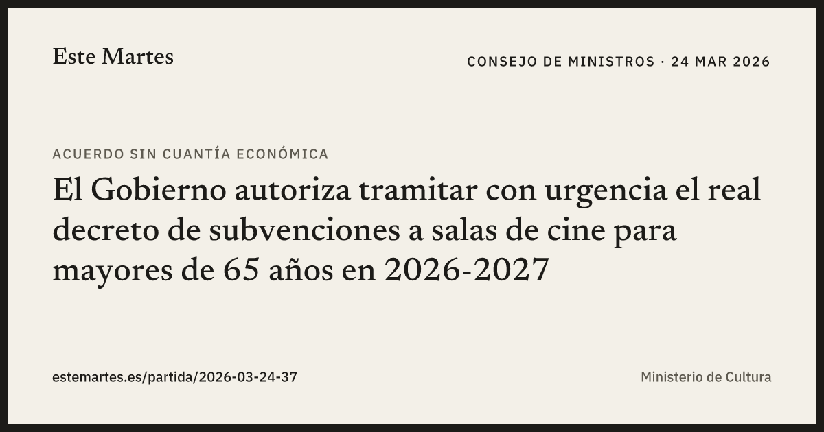 Tarjeta: El Gobierno autoriza tramitar con urgencia el real decreto de subvenciones a salas de cine para mayores de 65 años en 2026-2027