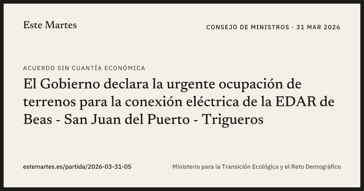 Tarjeta: El Gobierno declara la urgente ocupación de terrenos para la conexión eléctrica de la EDAR de Beas - San Juan del Puerto - Trigueros