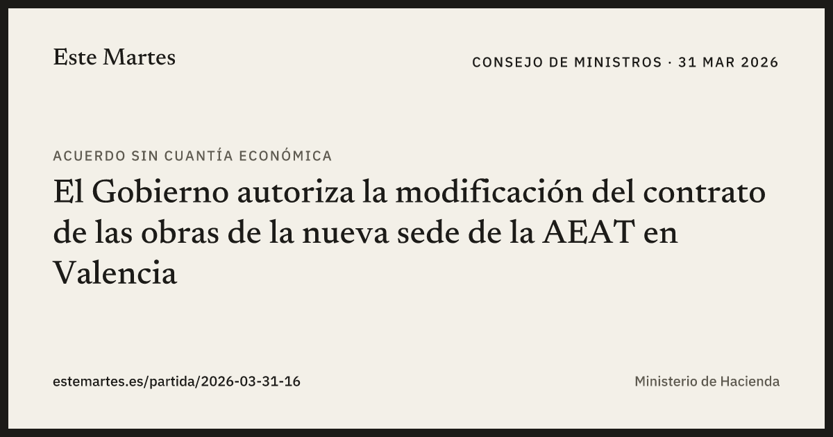 Tarjeta: El Gobierno autoriza la modificación del contrato de las obras de la nueva sede de la AEAT en Valencia