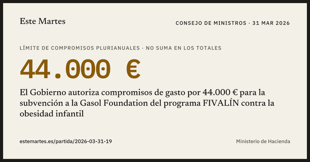 Tarjeta: El Gobierno autoriza compromisos de gasto por 44.000 € para la subvención a la Gasol Foundation del programa FIVALÍN contra la obesidad infantil