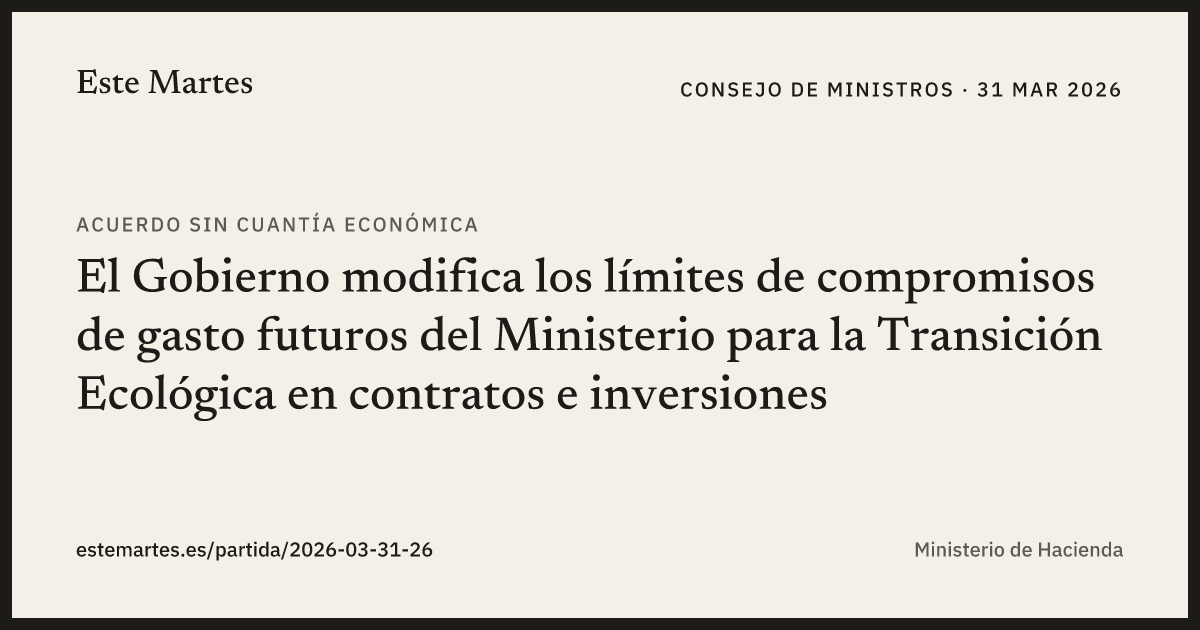 Tarjeta: El Gobierno modifica los límites de compromisos de gasto futuros del Ministerio para la Transición Ecológica en contratos e inversiones