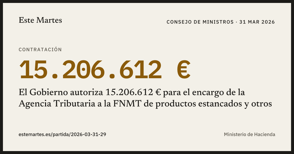 Tarjeta: El Gobierno autoriza 15.206.612 € para el encargo de la Agencia Tributaria a la FNMT de productos estancados y otros