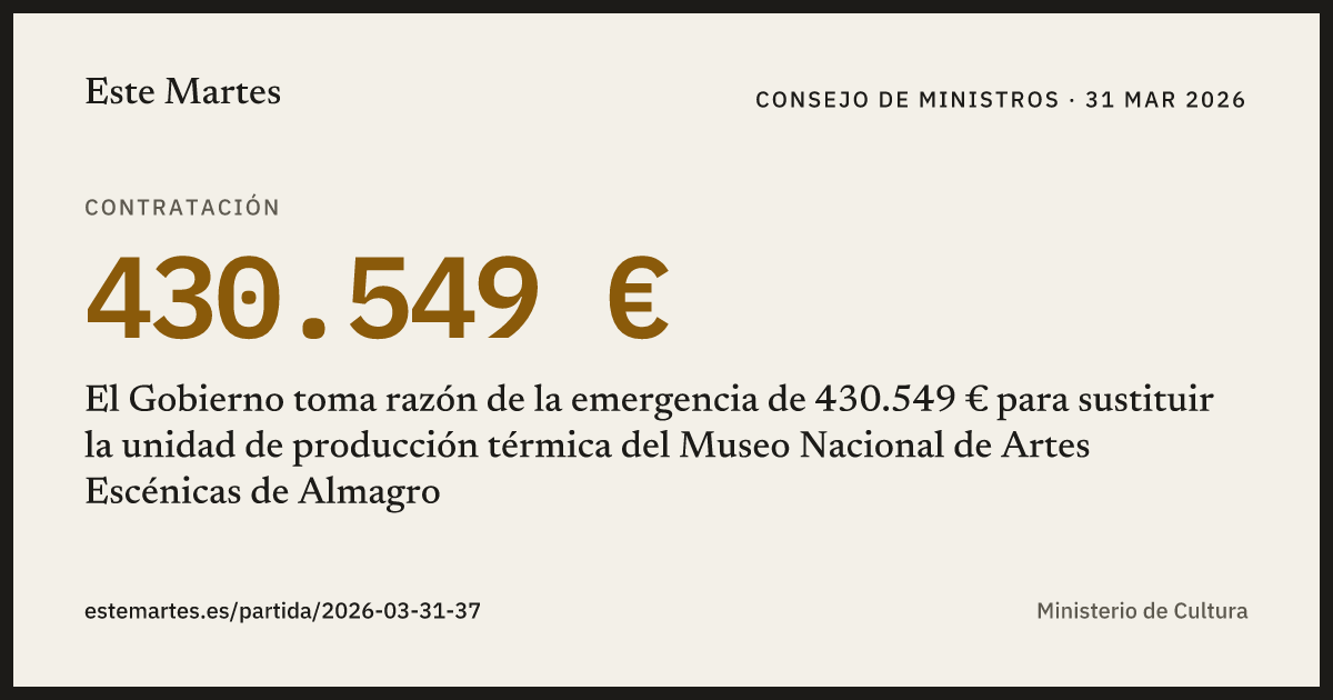 Tarjeta: El Gobierno toma razón de la emergencia de 430.549 € para sustituir la unidad de producción térmica del Museo Nacional de Artes Escénicas de Almagro