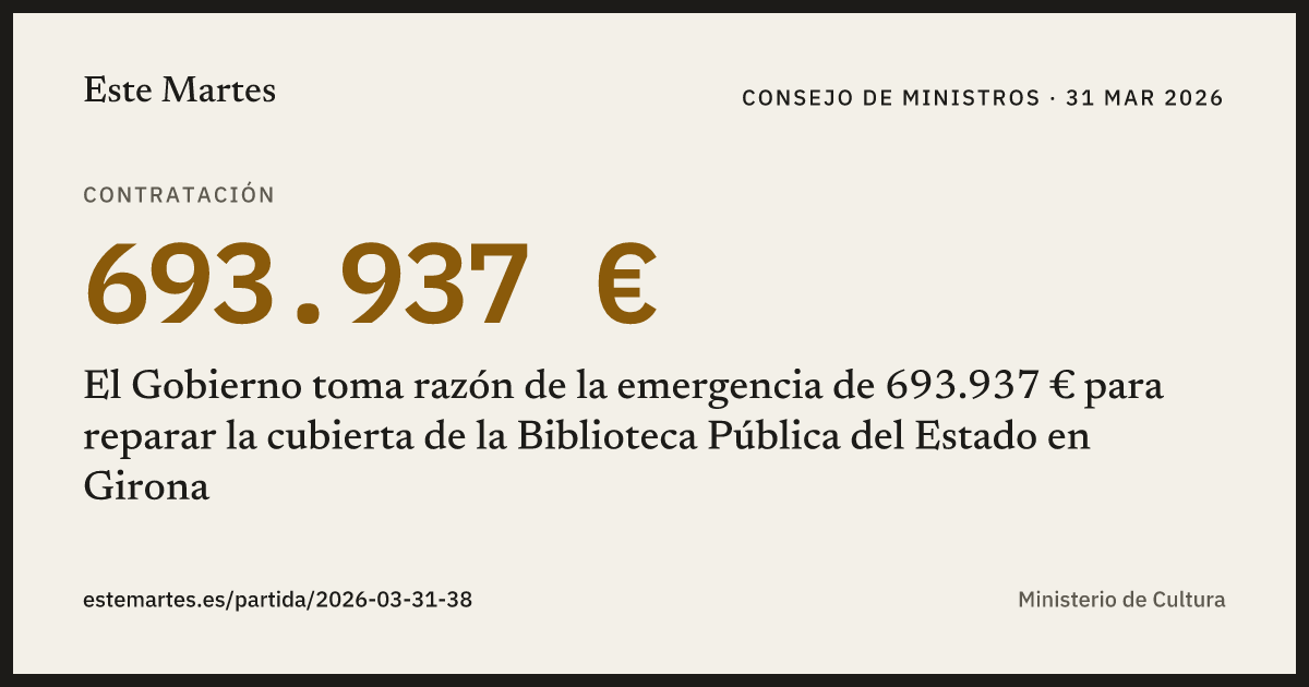 Tarjeta: El Gobierno toma razón de la emergencia de 693.937 € para reparar la cubierta de la Biblioteca Pública del Estado en Girona