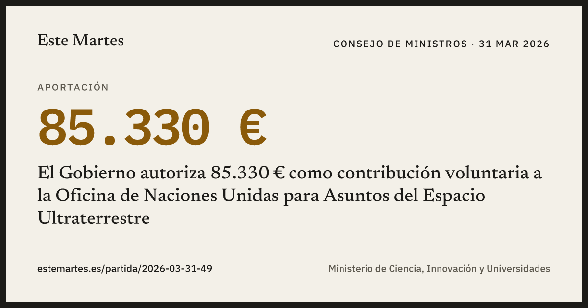 Tarjeta: El Gobierno autoriza 85.330 € como contribución voluntaria a la Oficina de Naciones Unidas para Asuntos del Espacio Ultraterrestre
