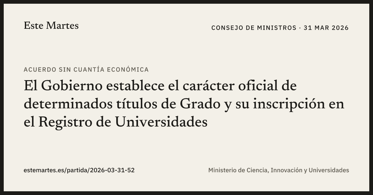 Tarjeta: El Gobierno establece el carácter oficial de determinados títulos de Grado y su inscripción en el Registro de Universidades