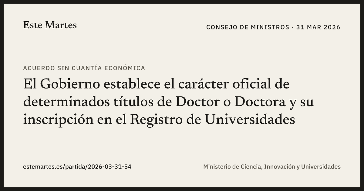 Tarjeta: El Gobierno establece el carácter oficial de determinados títulos de Doctor o Doctora y su inscripción en el Registro de Universidades
