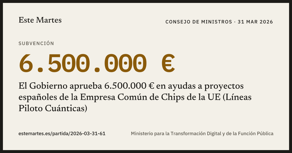 Tarjeta: El Gobierno aprueba 6.500.000 € en ayudas a proyectos españoles de la Empresa Común de Chips de la UE (Líneas Piloto Cuánticas)