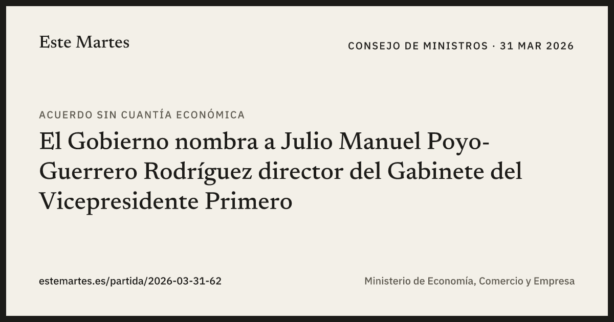 Tarjeta: El Gobierno nombra a Julio Manuel Poyo-Guerrero Rodríguez director del Gabinete del Vicepresidente Primero