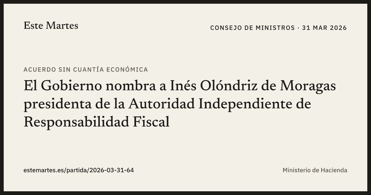 Tarjeta: El Gobierno nombra a Inés Olóndriz de Moragas presidenta de la Autoridad Independiente de Responsabilidad Fiscal