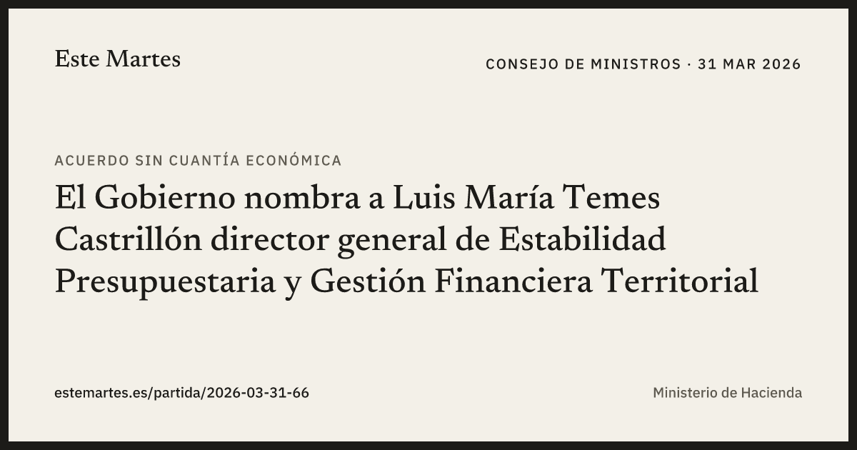 Tarjeta: El Gobierno nombra a Luis María Temes Castrillón director general de Estabilidad Presupuestaria y Gestión Financiera Territorial