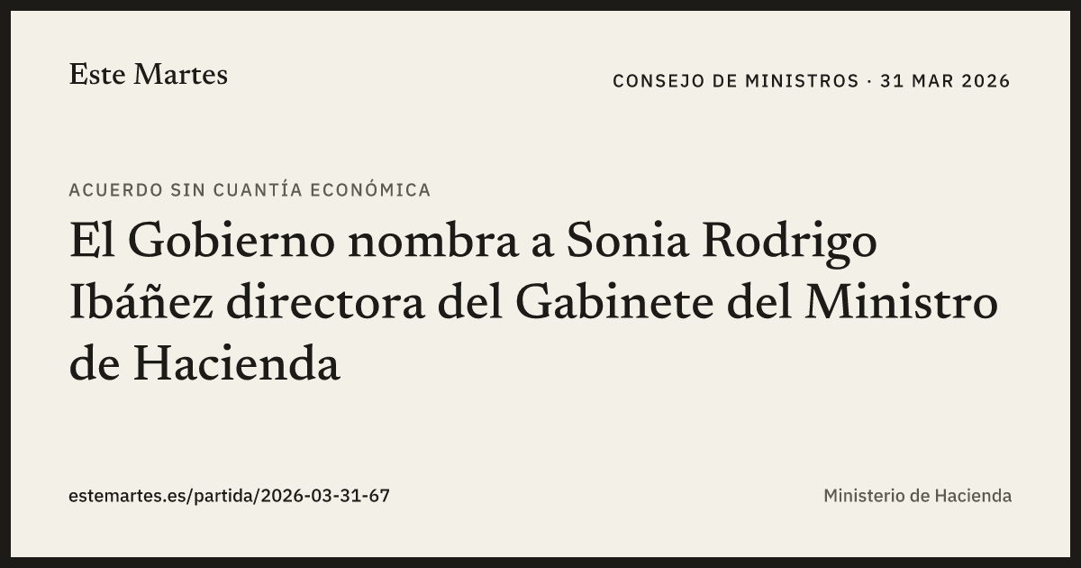 Tarjeta: El Gobierno nombra a Sonia Rodrigo Ibáñez directora del Gabinete del Ministro de Hacienda