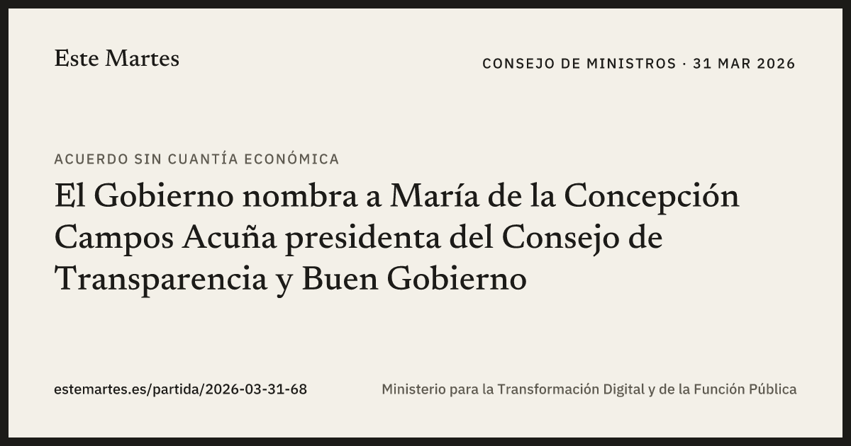 Tarjeta: El Gobierno nombra a María de la Concepción Campos Acuña presidenta del Consejo de Transparencia y Buen Gobierno