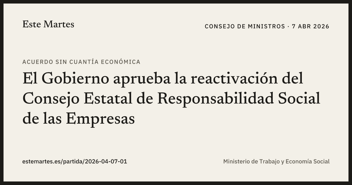 Tarjeta: El Gobierno aprueba la reactivación del Consejo Estatal de Responsabilidad Social de las Empresas