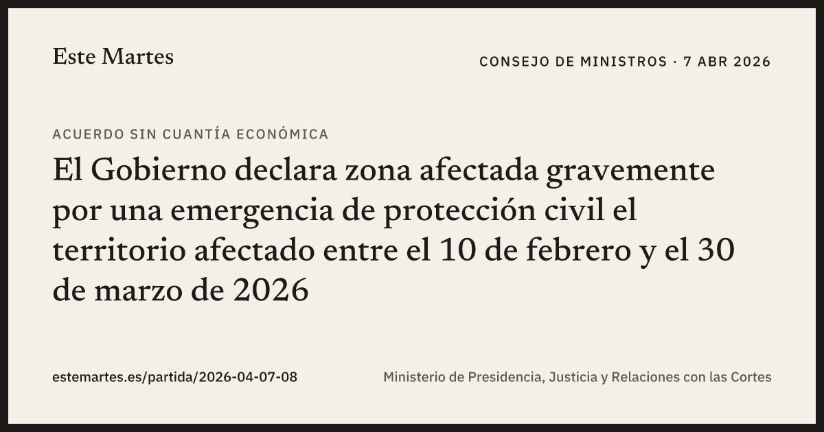 Tarjeta: El Gobierno declara zona afectada gravemente por una emergencia de protección civil el territorio afectado entre el 10 de febrero y el 30 de marzo de 2026