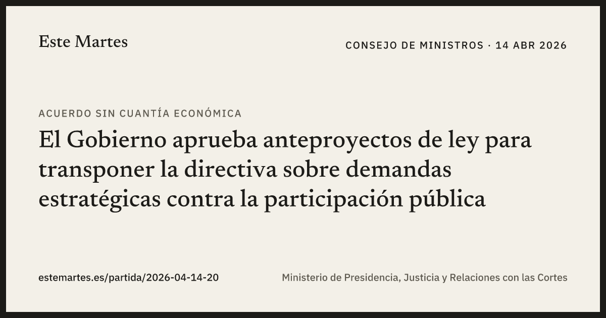Tarjeta: El Gobierno aprueba anteproyectos de ley para transponer la directiva sobre demandas estratégicas contra la participación pública