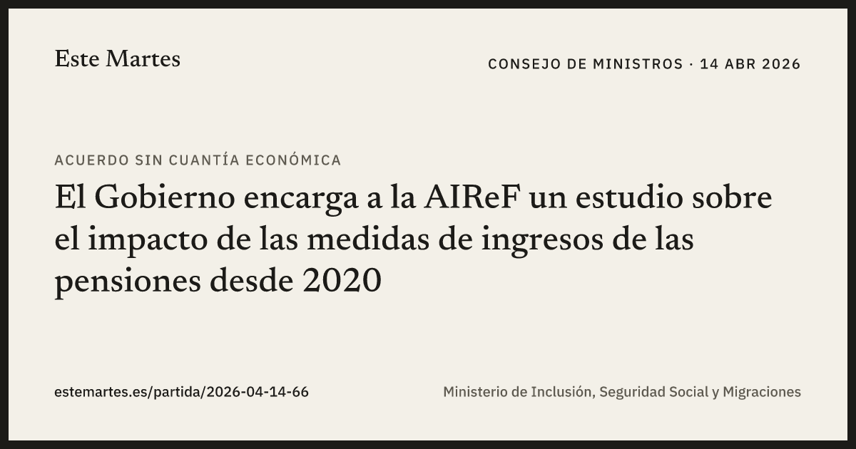 Tarjeta: El Gobierno encarga a la AIReF un estudio sobre el impacto de las medidas de ingresos de las pensiones desde 2020