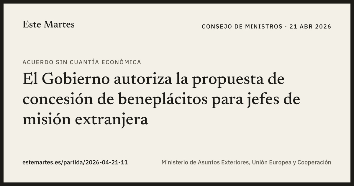 Tarjeta: El Gobierno autoriza la propuesta de concesión de beneplácitos para jefes de misión extranjera