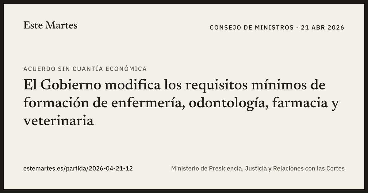 Tarjeta: El Gobierno modifica los requisitos mínimos de formación de enfermería, odontología, farmacia y veterinaria