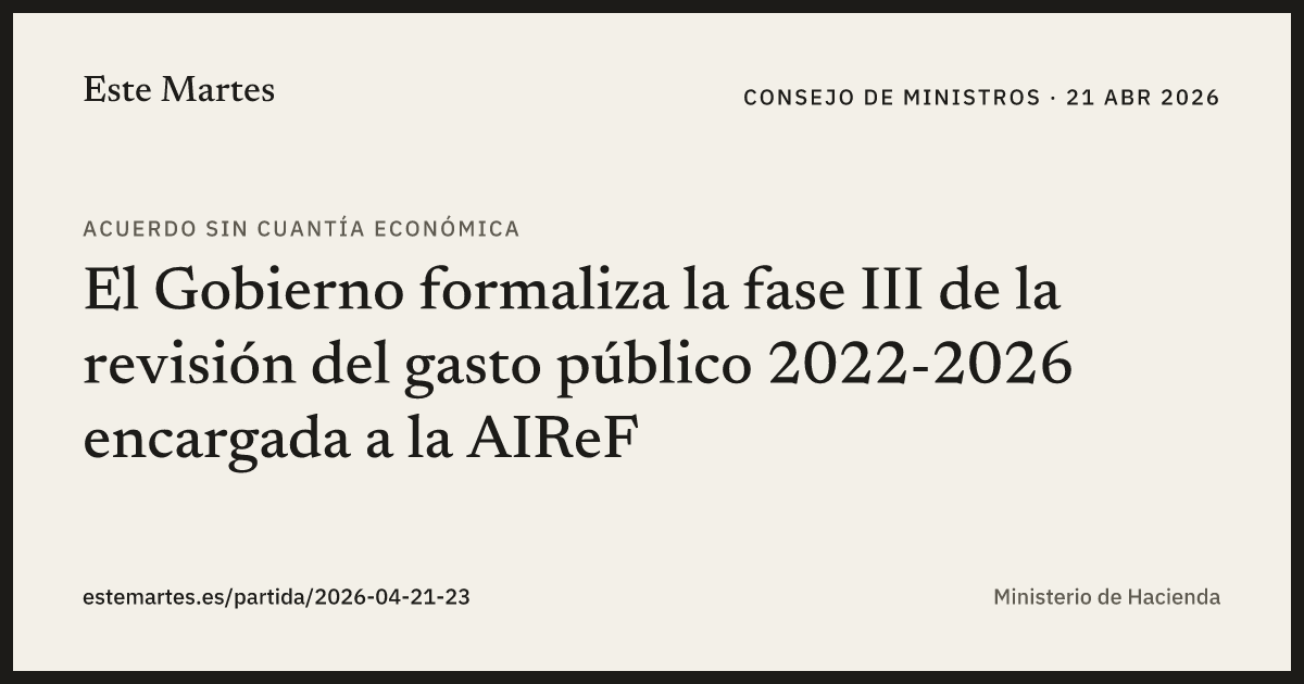 Tarjeta: El Gobierno formaliza la fase III de la revisión del gasto público 2022-2026 encargada a la AIReF