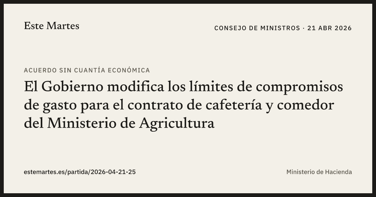 Tarjeta: El Gobierno modifica los límites de compromisos de gasto para el contrato de cafetería y comedor del Ministerio de Agricultura
