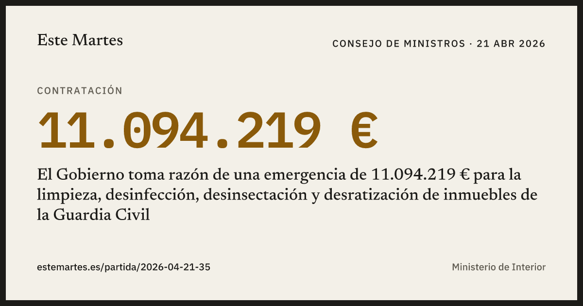 Tarjeta: El Gobierno toma razón de una emergencia de 11.094.219 € para la limpieza, desinfección, desinsectación y desratización de inmuebles de la Guardia Civil