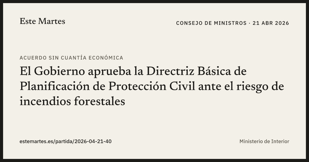 Tarjeta: El Gobierno aprueba la Directriz Básica de Planificación de Protección Civil ante el riesgo de incendios forestales