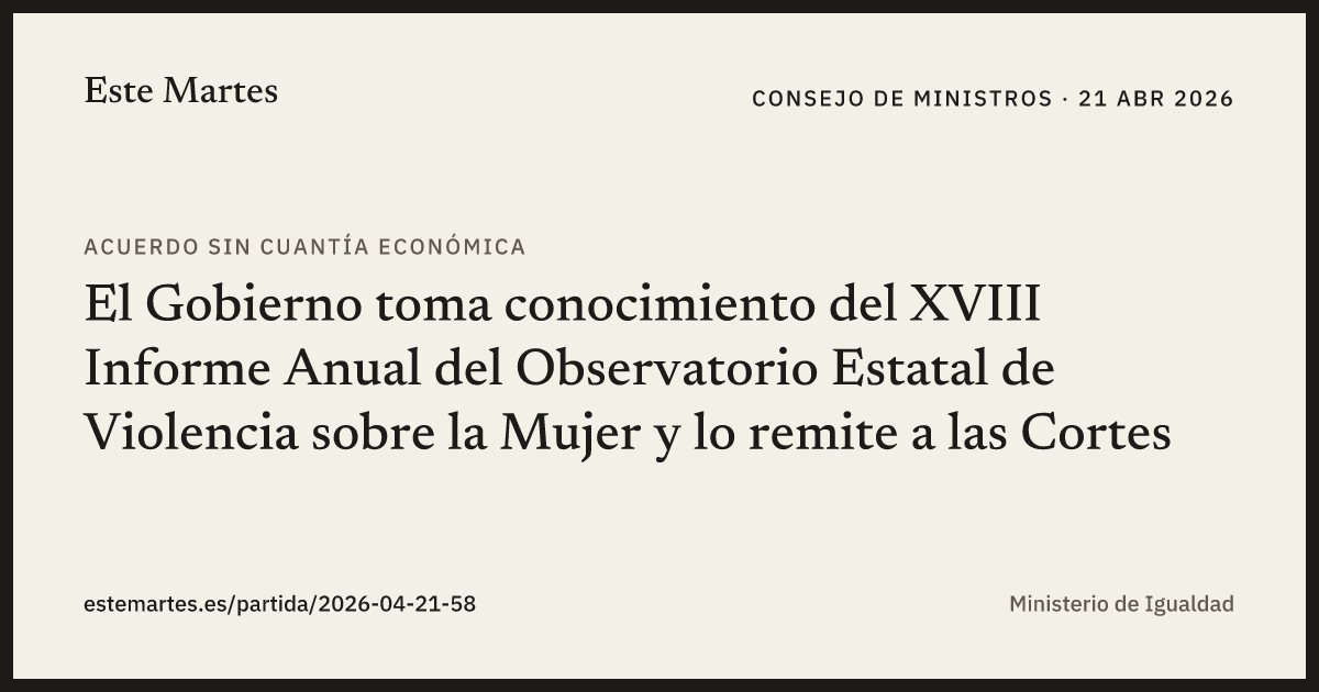 Tarjeta: El Gobierno toma conocimiento del XVIII Informe Anual del Observatorio Estatal de Violencia sobre la Mujer y lo remite a las Cortes