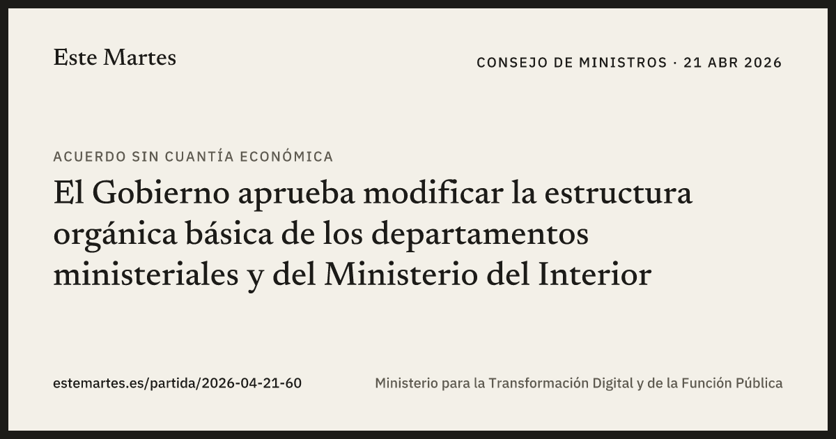 Tarjeta: El Gobierno aprueba modificar la estructura orgánica básica de los departamentos ministeriales y del Ministerio del Interior