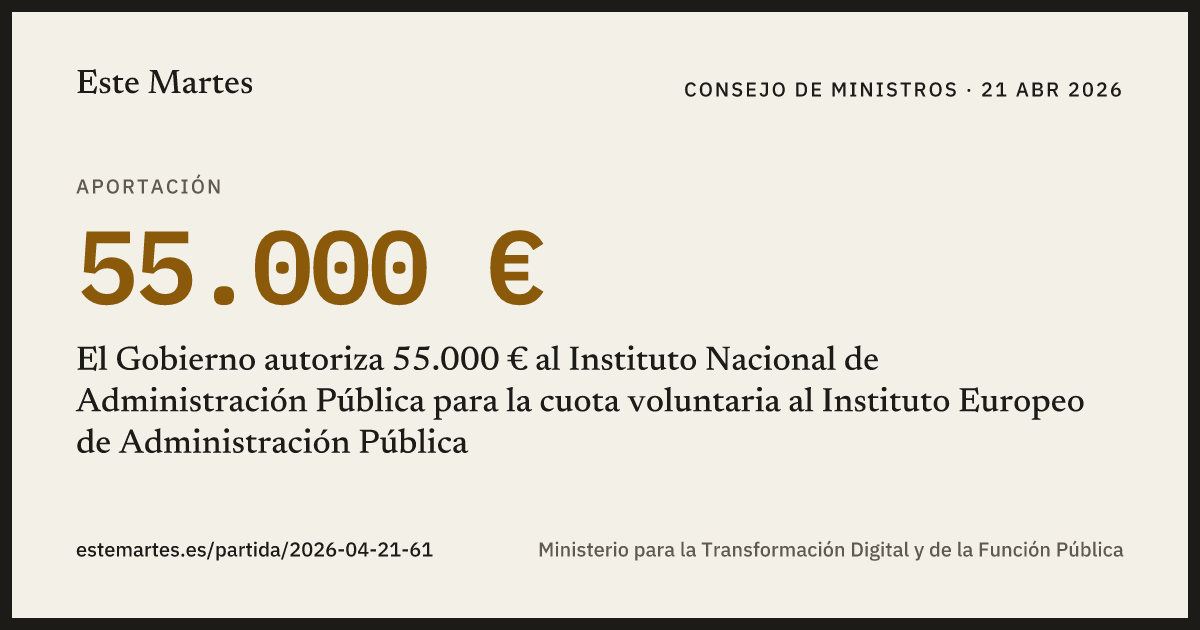 Tarjeta: El Gobierno autoriza 55.000 € al Instituto Nacional de Administración Pública para la cuota voluntaria al Instituto Europeo de Administración Pública