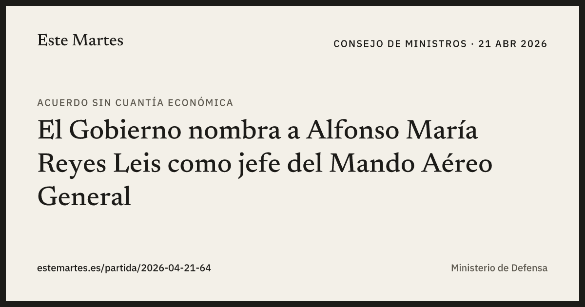 Tarjeta: El Gobierno nombra a Alfonso María Reyes Leis como jefe del Mando Aéreo General