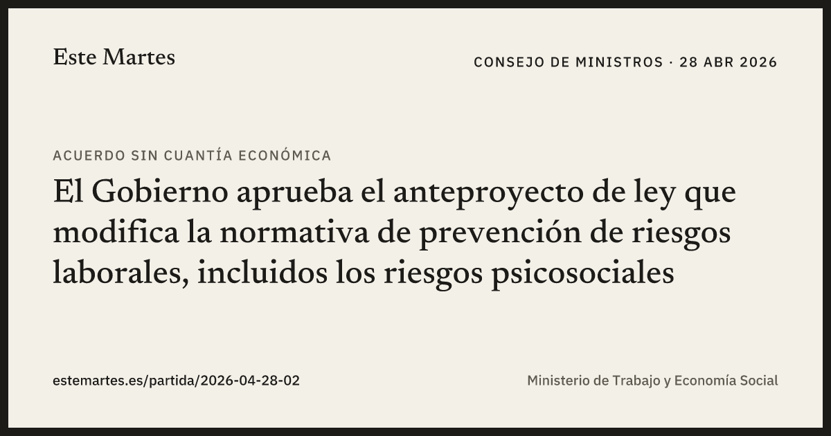 Tarjeta: El Gobierno aprueba el anteproyecto de ley que modifica la normativa de prevención de riesgos laborales, incluidos los riesgos psicosociales