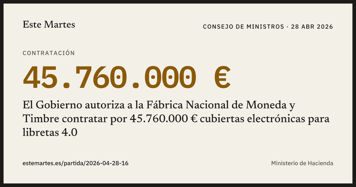 Tarjeta: El Gobierno autoriza a la Fábrica Nacional de Moneda y Timbre contratar por 45.760.000 € cubiertas electrónicas para libretas 4.0