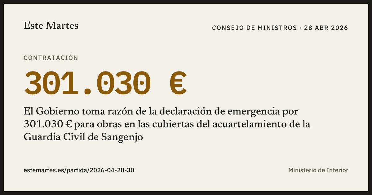 Tarjeta: El Gobierno toma razón de la declaración de emergencia por 301.030 € para obras en las cubiertas del acuartelamiento de la Guardia Civil de Sangenjo