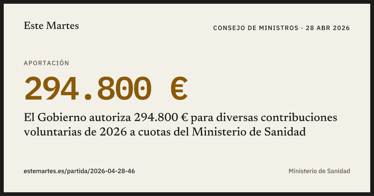 Tarjeta: El Gobierno autoriza 294.800 € para diversas contribuciones voluntarias de 2026 a cuotas del Ministerio de Sanidad