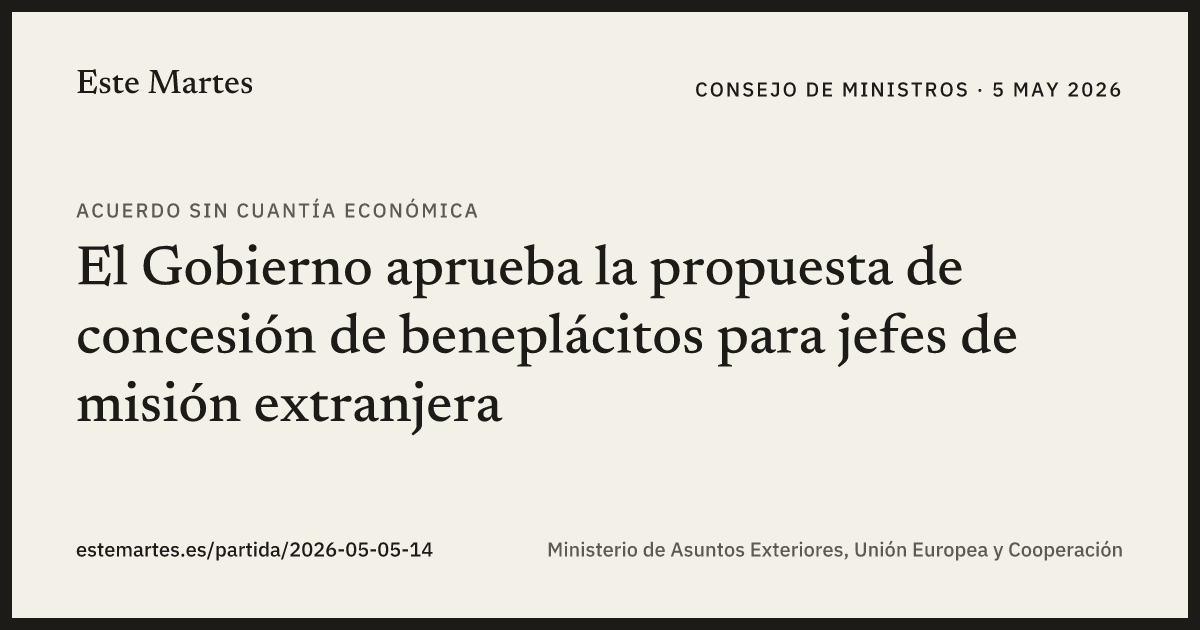 Tarjeta: El Gobierno aprueba la propuesta de concesión de beneplácitos para jefes de misión extranjera