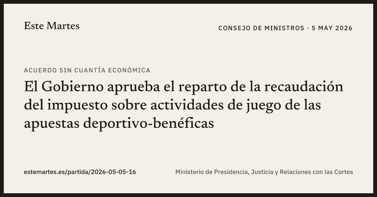 Tarjeta: El Gobierno aprueba el reparto de la recaudación del impuesto sobre actividades de juego de las apuestas deportivo-benéficas